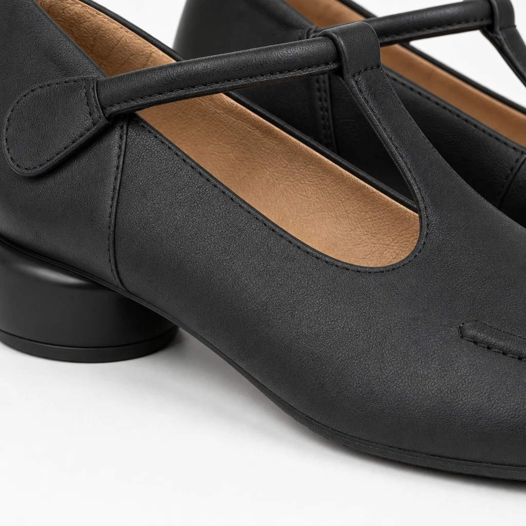 Gros plan sur le matériau de la chaussure Mary Jane et la construction de la sangle