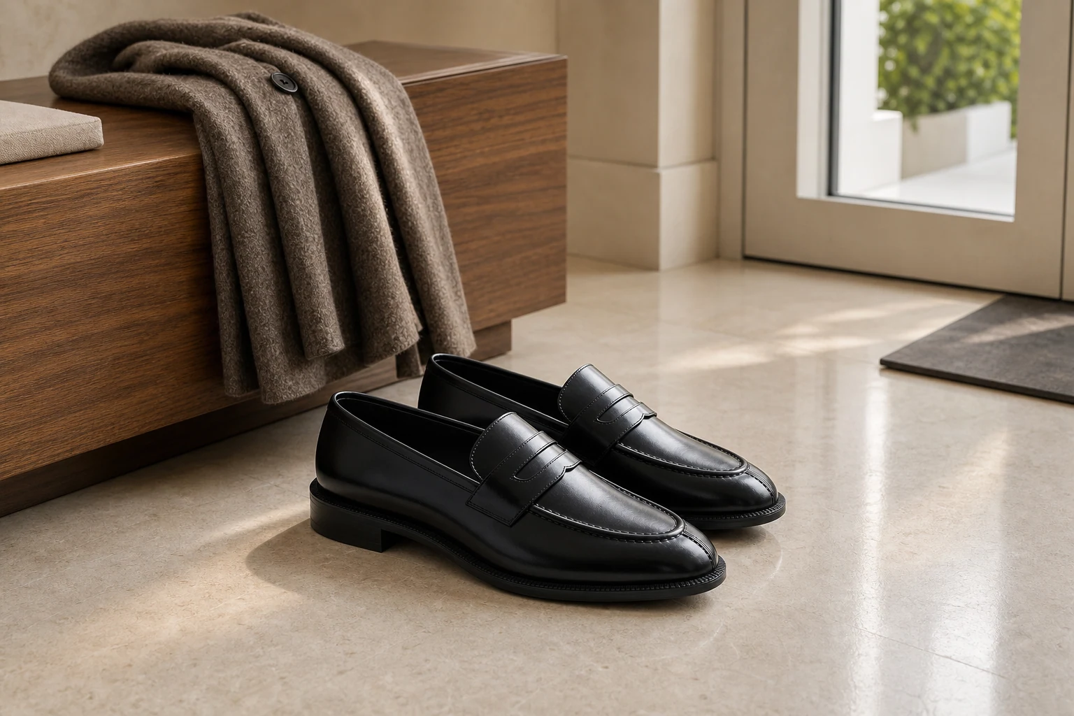Scène de style de vie de mocassins en métal poli noir