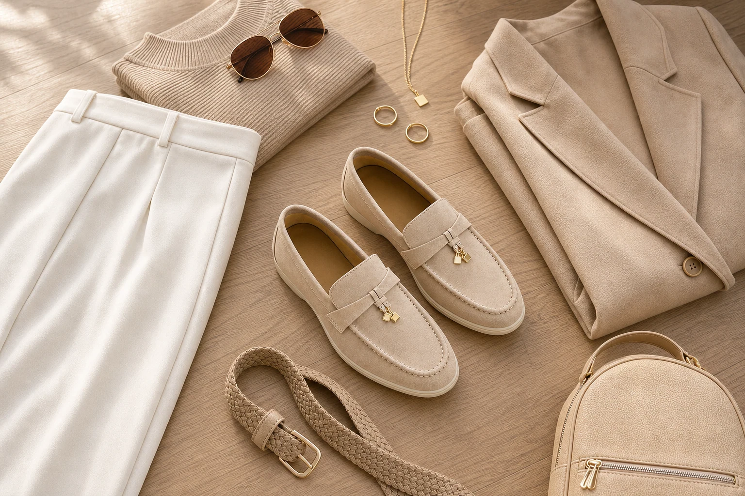 Apricot tassel loafers in a lifestyle setting