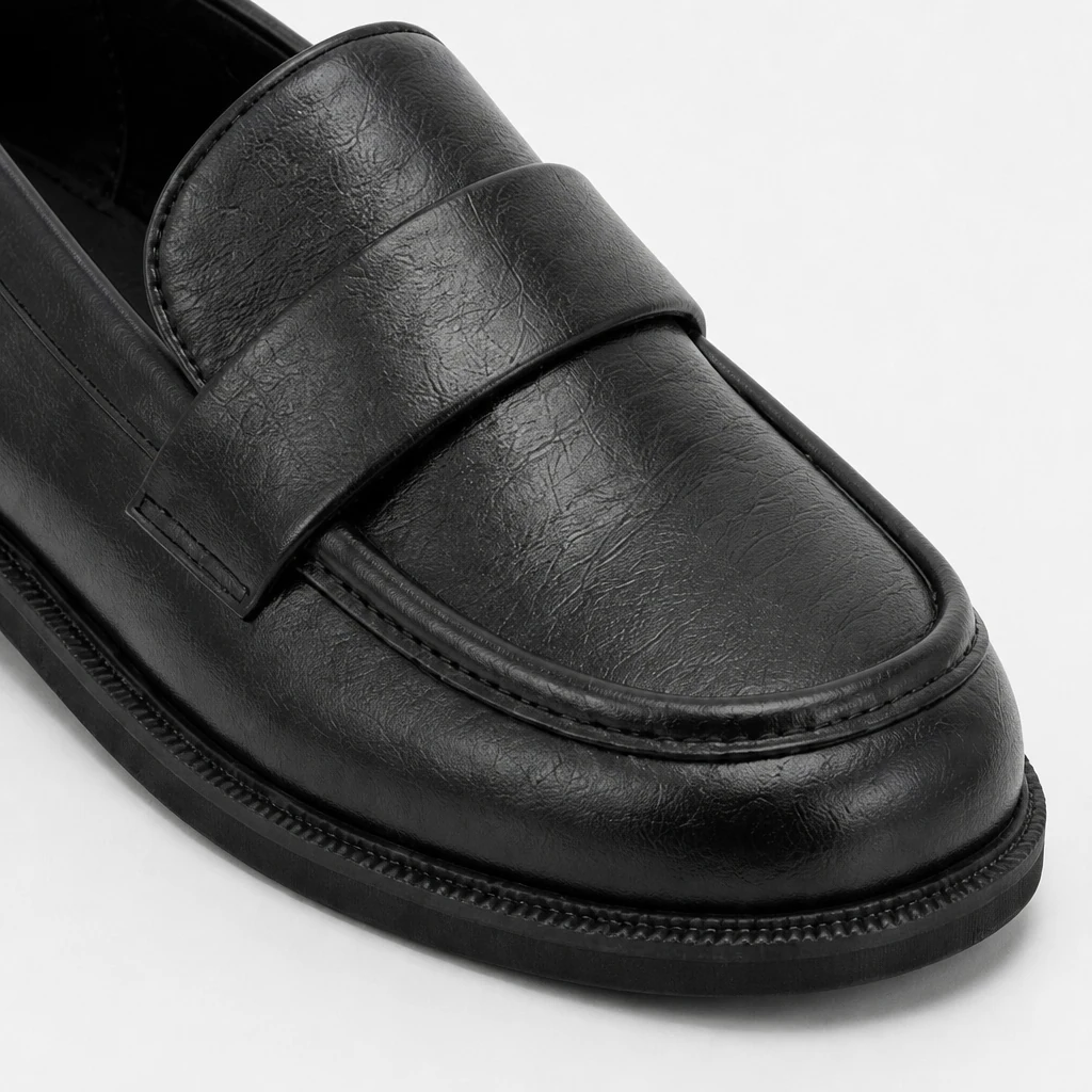 Close-up material and construction detail of the structured dress flats
