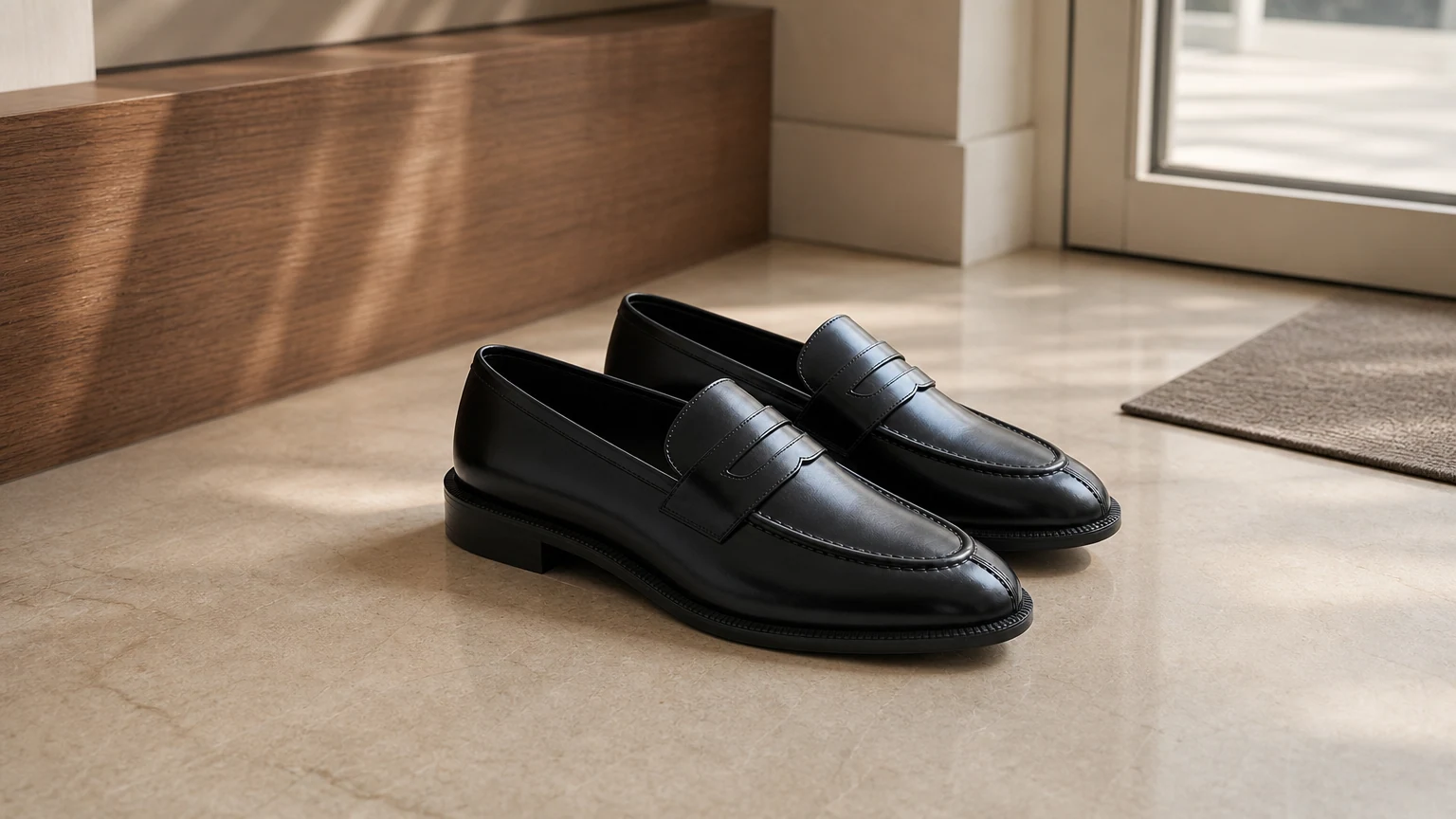 Mocassins noirs avec accents en métal poli, conçus dans une scène de style de vie horizontale