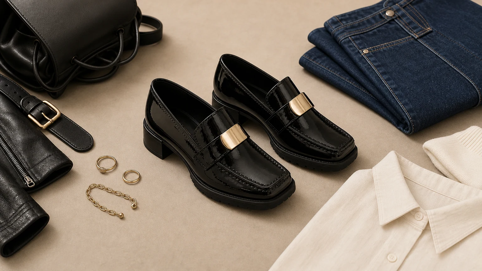 Elegant black lug sole heeled loafers styled in a smart casual scene