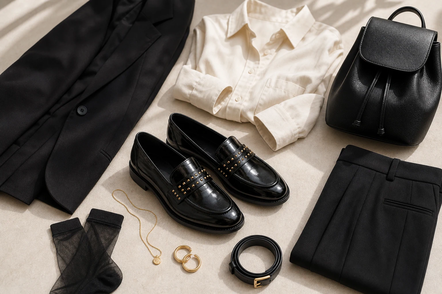 Scène de style de vie des mocassins noirs avec produit entièrement visible