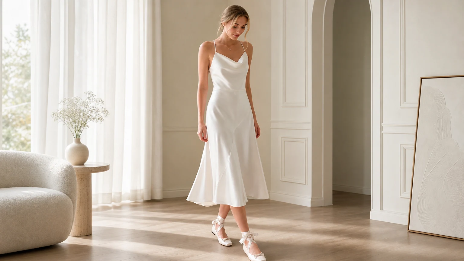 Ballerine stringate da donna realizzate in una morbida scena di lifestyle 16:9