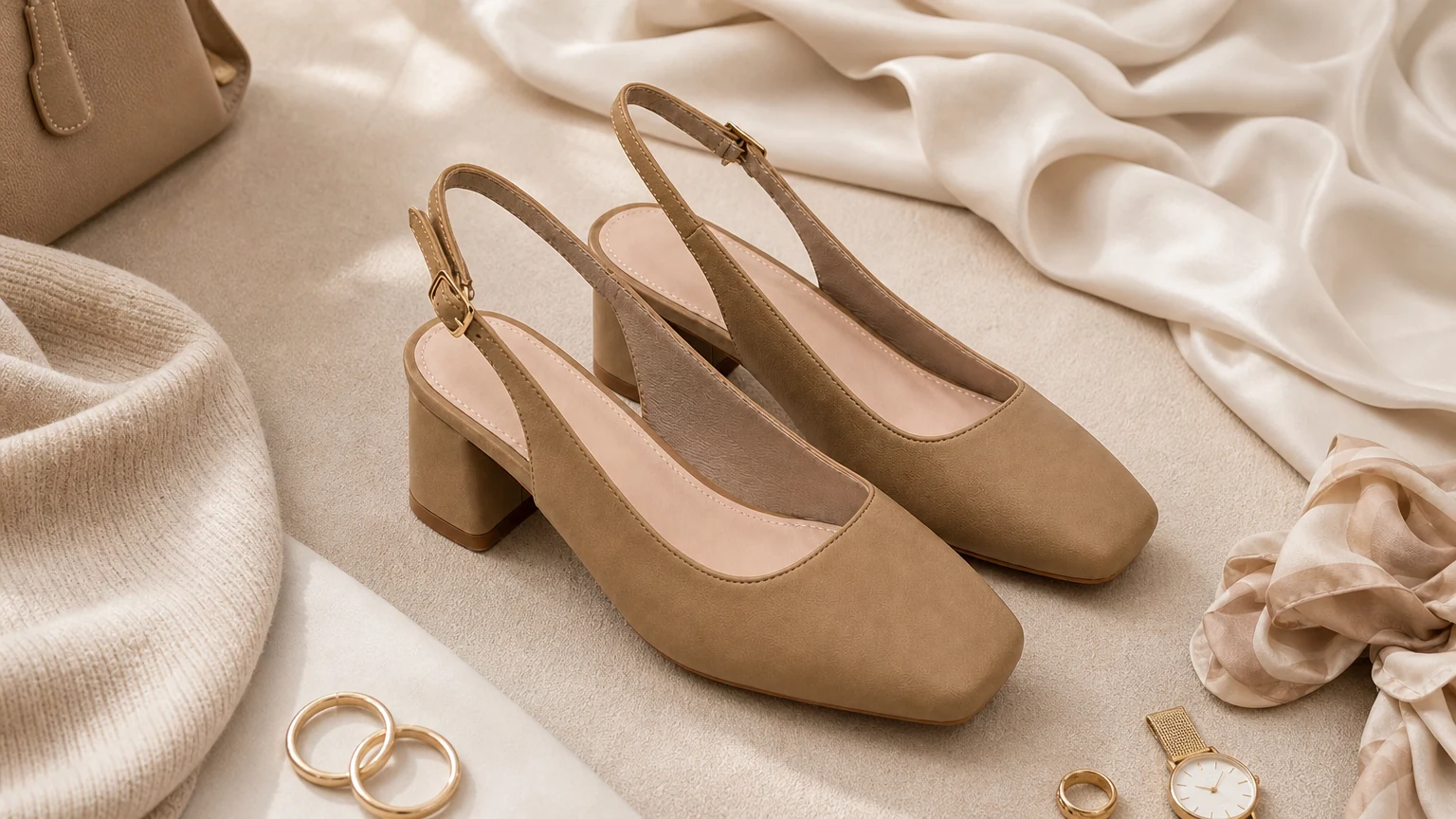Zapatos modernos con tira trasera ajustable y punta cuadrada diseñados en una escena horizontal