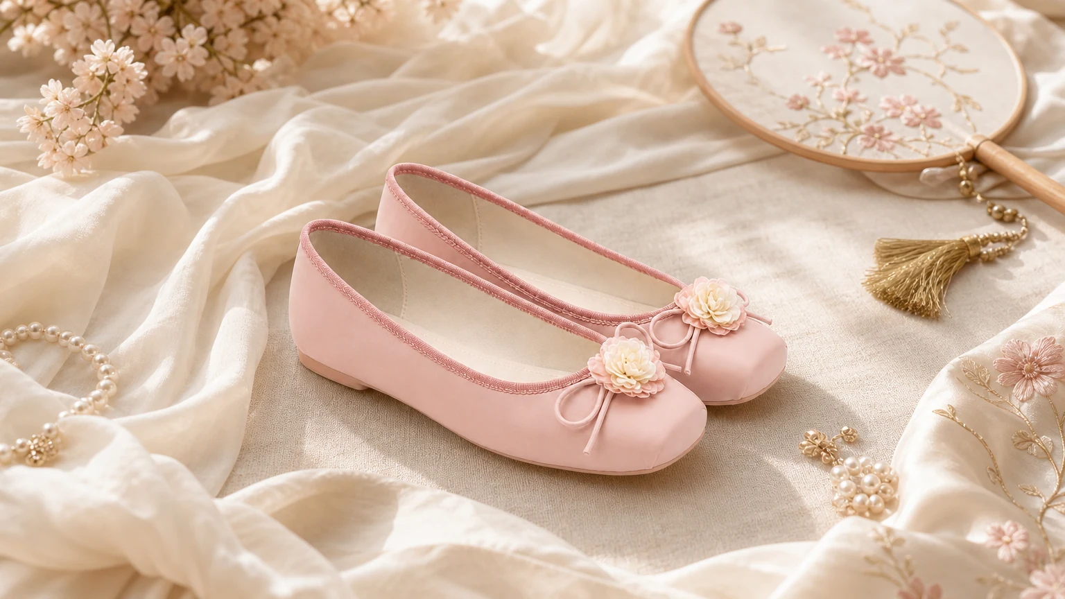 Chaussures plates légères à enfiler inspirées de Qipao, conçues dans une scène douce 16:9