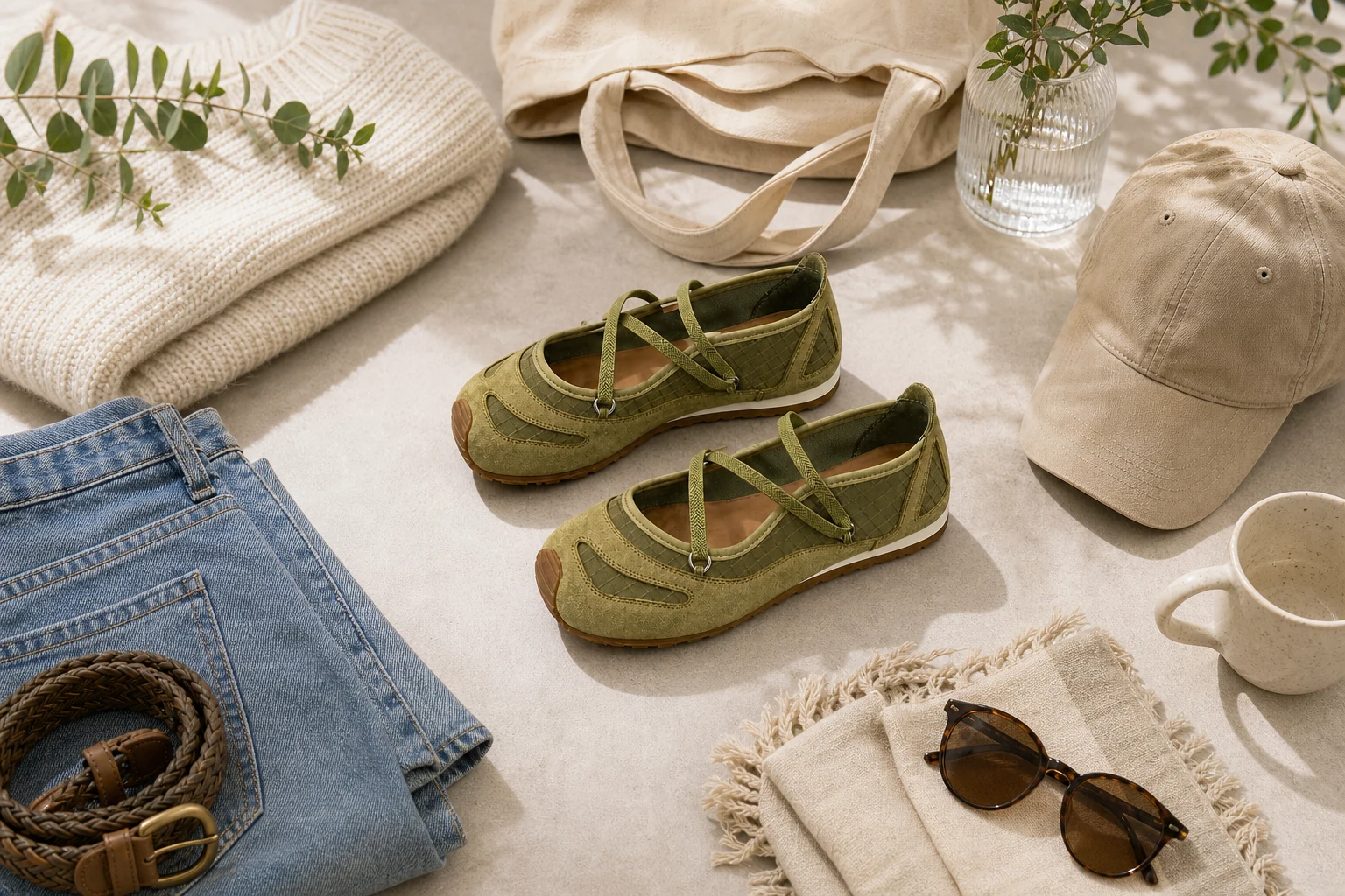 Chaussures Mary Jane exposées dans une scène de produit en contexte