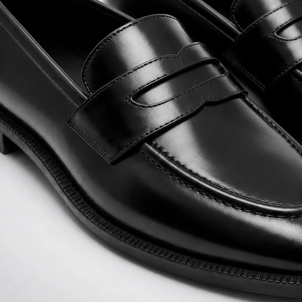 Détail en gros plan de la tige du mocassin noir poli et des accents métalliques