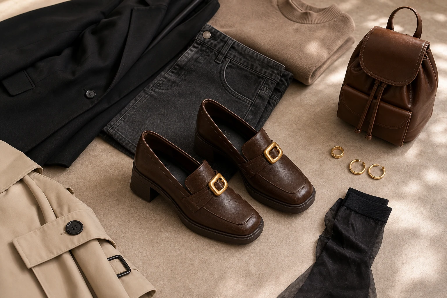 Supportive block heel loafers shown in a lifestyle context