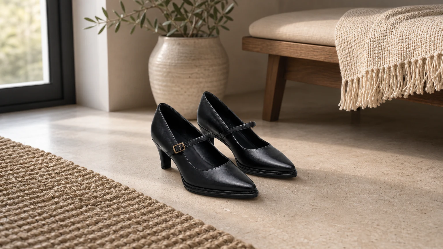 Chaussures noires à bout pointu et à talons blocs bas, style dans une scène horizontale