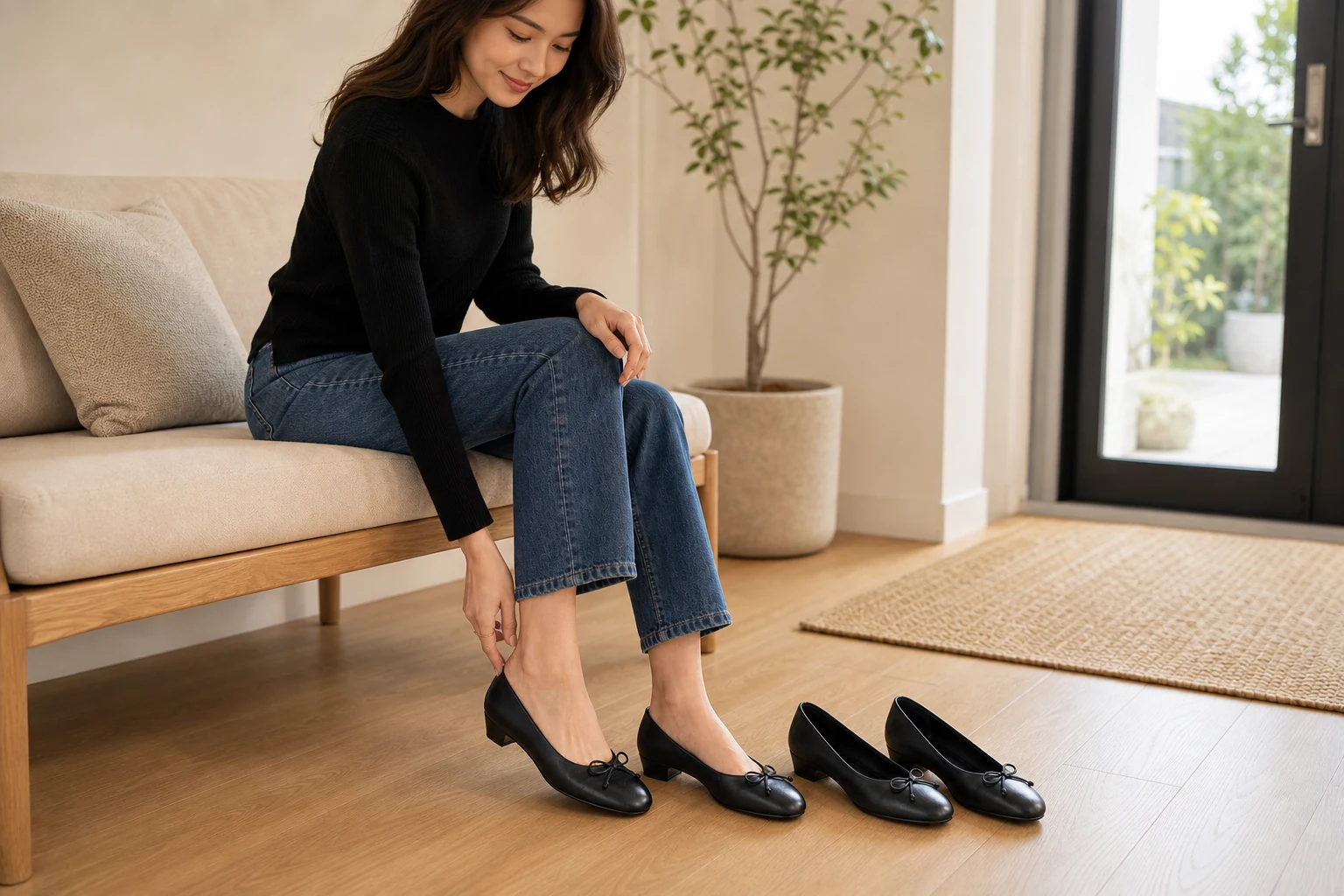 Chaussures plates compensées basses conçues dans une scène de produit en contexte