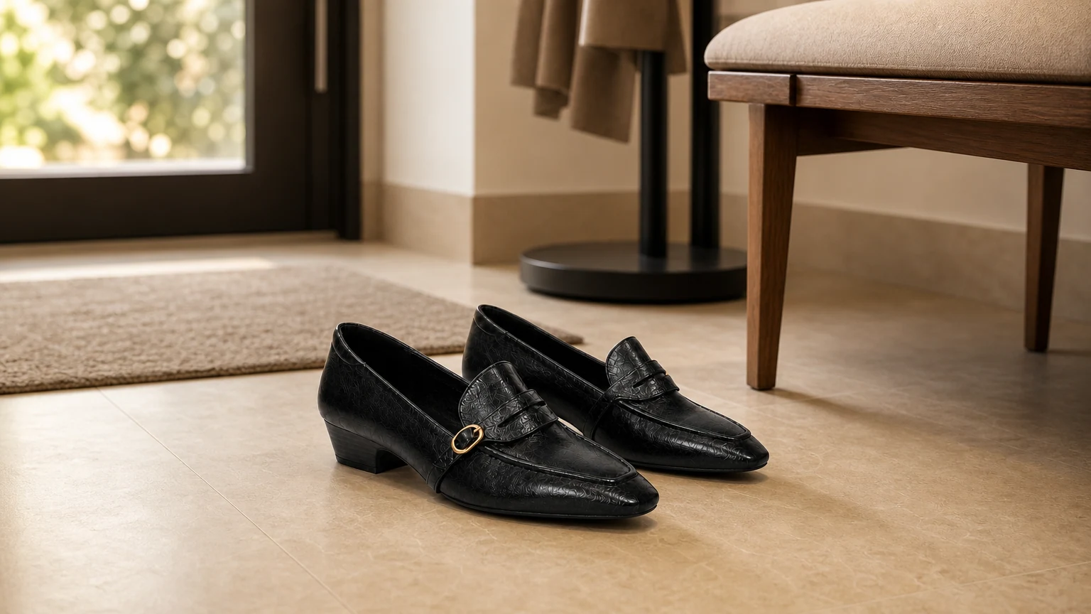 Mocassins habillés raffinés à talons bas et à enfiler, conçus dans une scène de style de vie horizontale