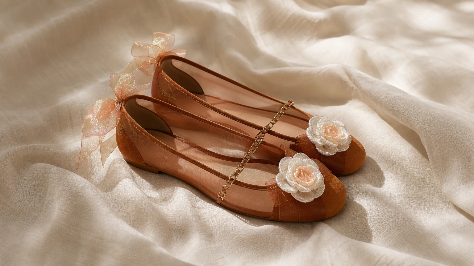 Ballerines marron légères avec détail de roses, décorées dans une scène horizontale douce