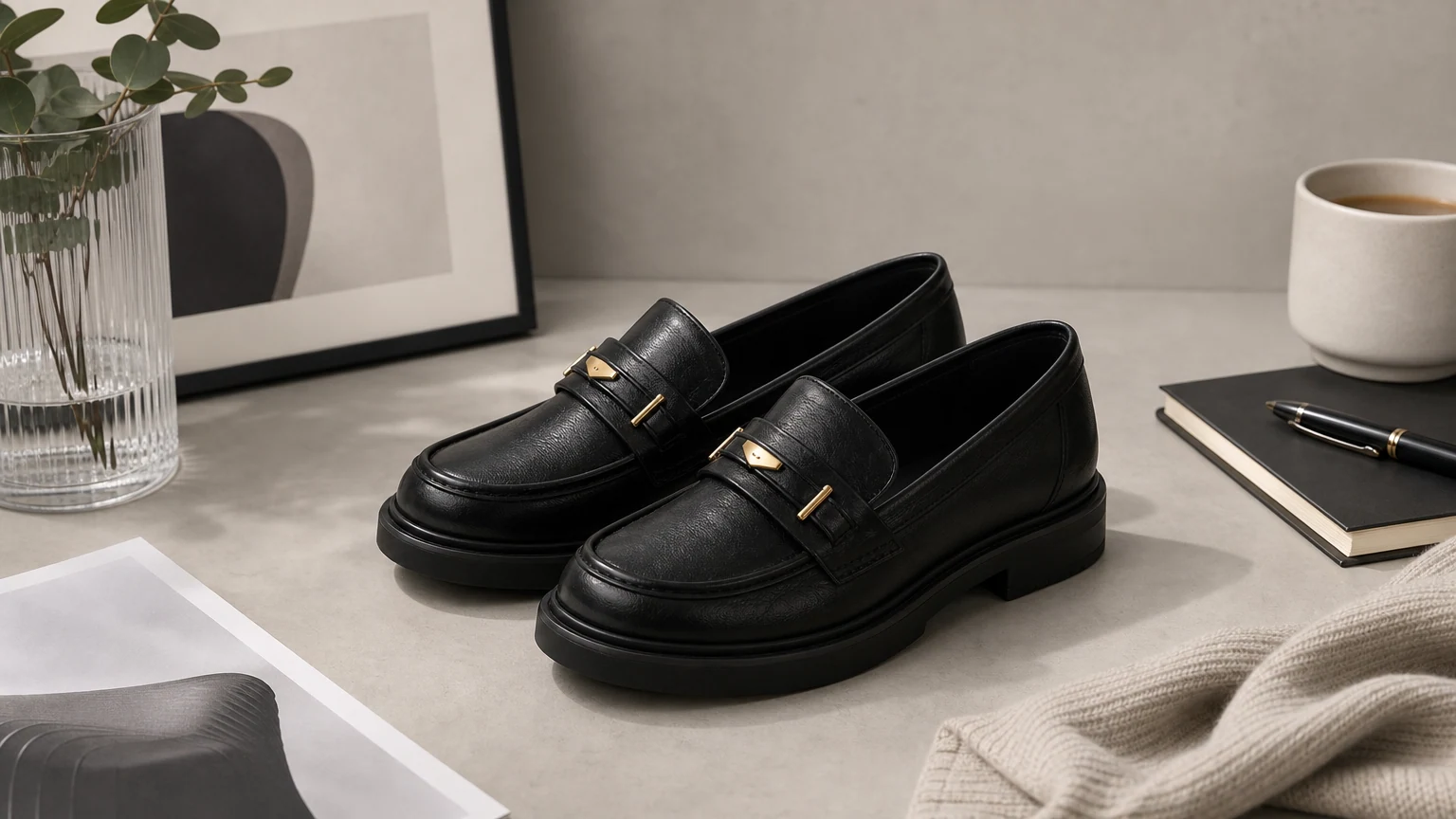 Structured round toe office loafers styled in a clean workday scene