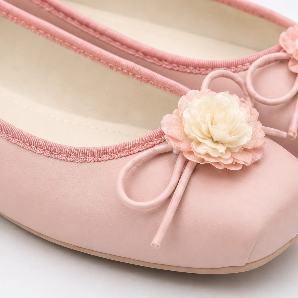 Détail en gros plan de la matière et de la finition de la chaussure plate inspirée du qipao