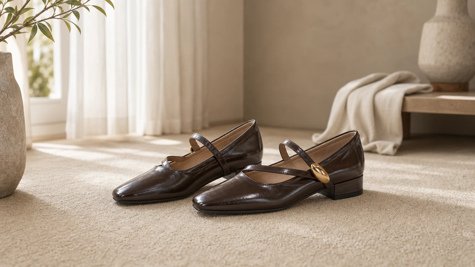 Zapatos planos de vestir ligeros con tiras cruzadas diseñados en una escena de estilo de vida