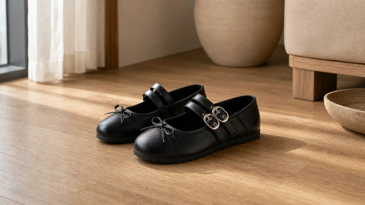 Zapatos planos Mary Jane con doble hebilla diseñados en una suave escena de estilo de vida.