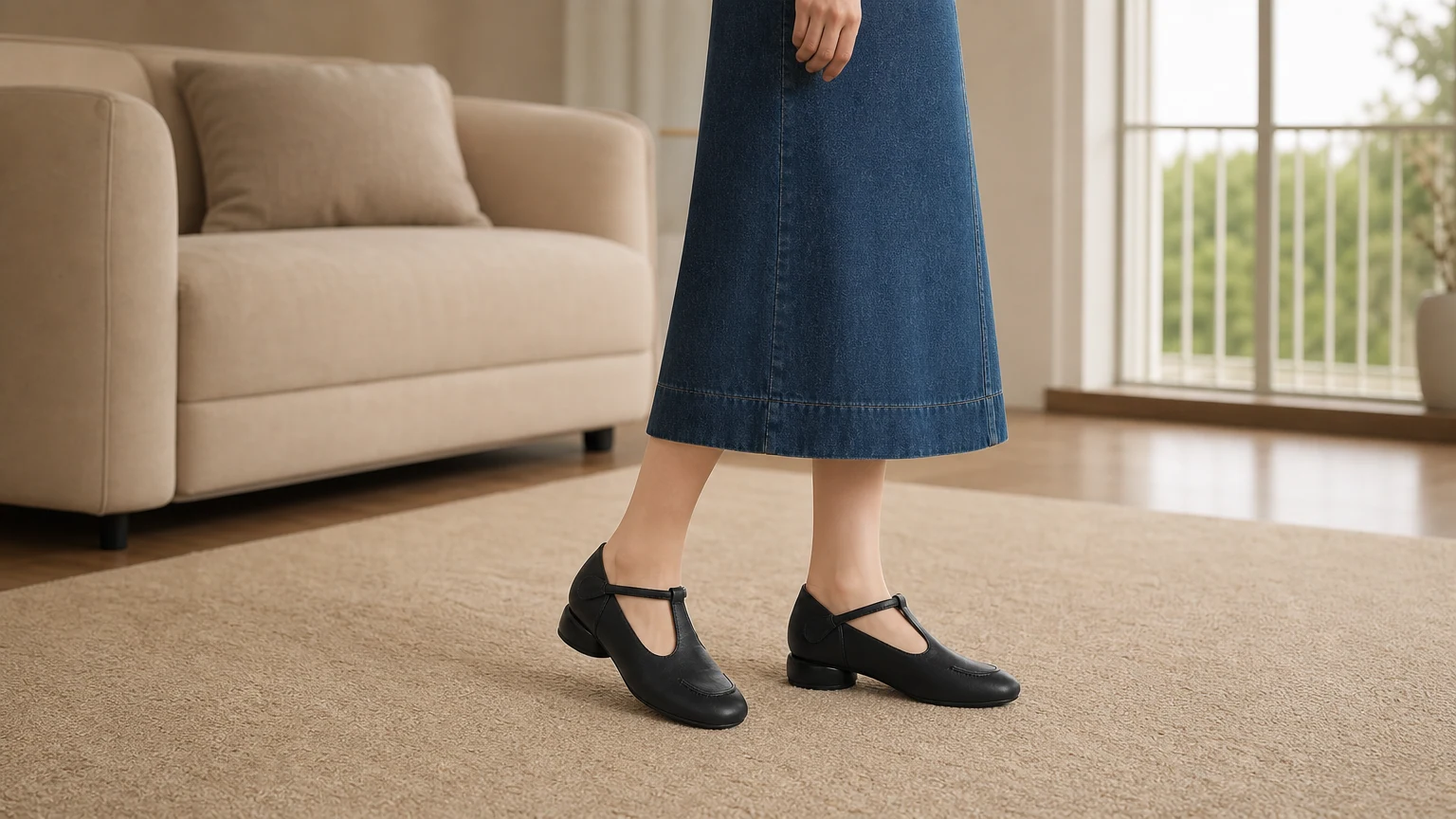 Chaussures Mary Jane à talon bloc et bout rond doux, décorées dans une scène horizontale