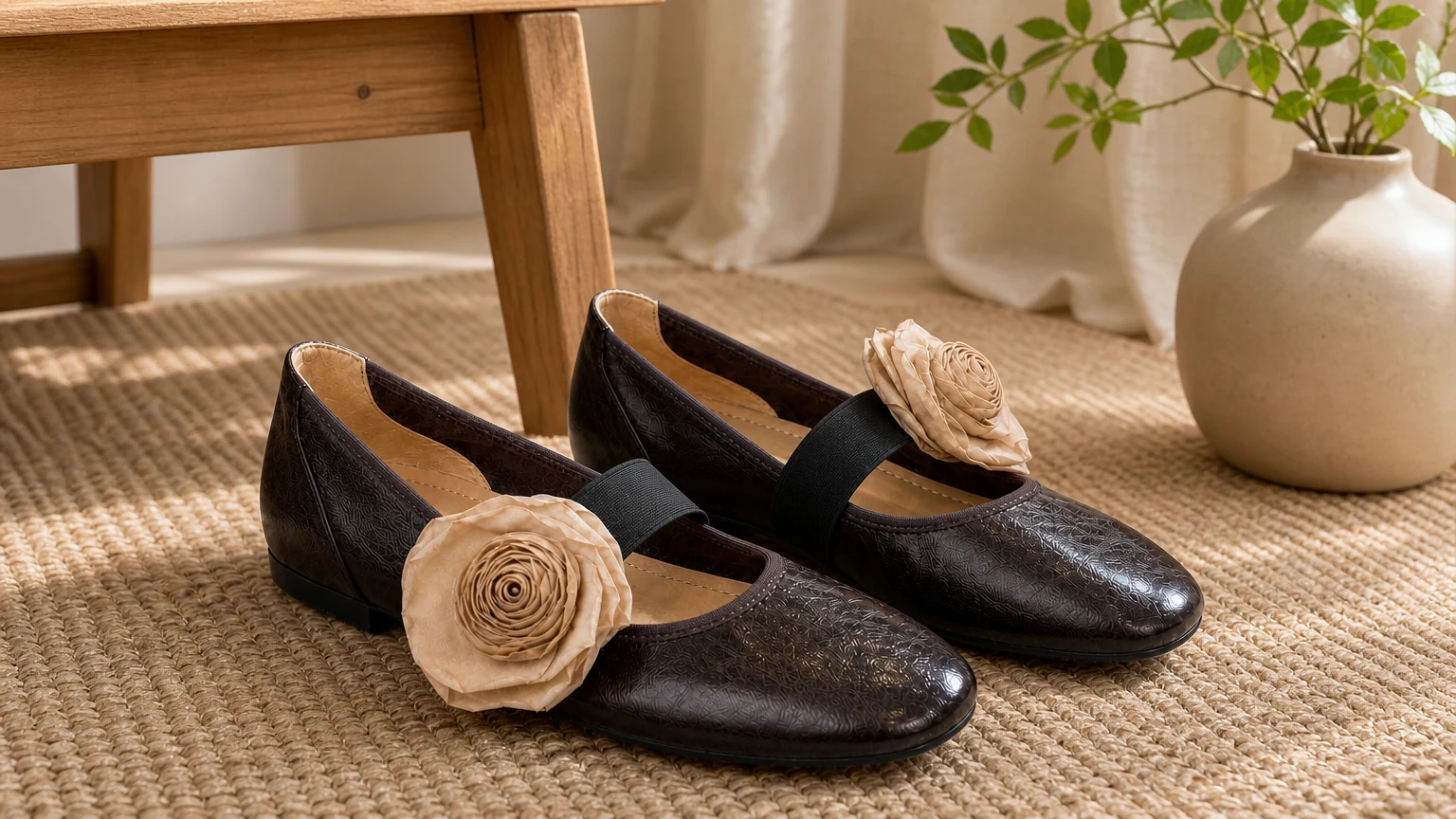 Ballerine Mary Jane con rose applicate in uno stile di vita morbido