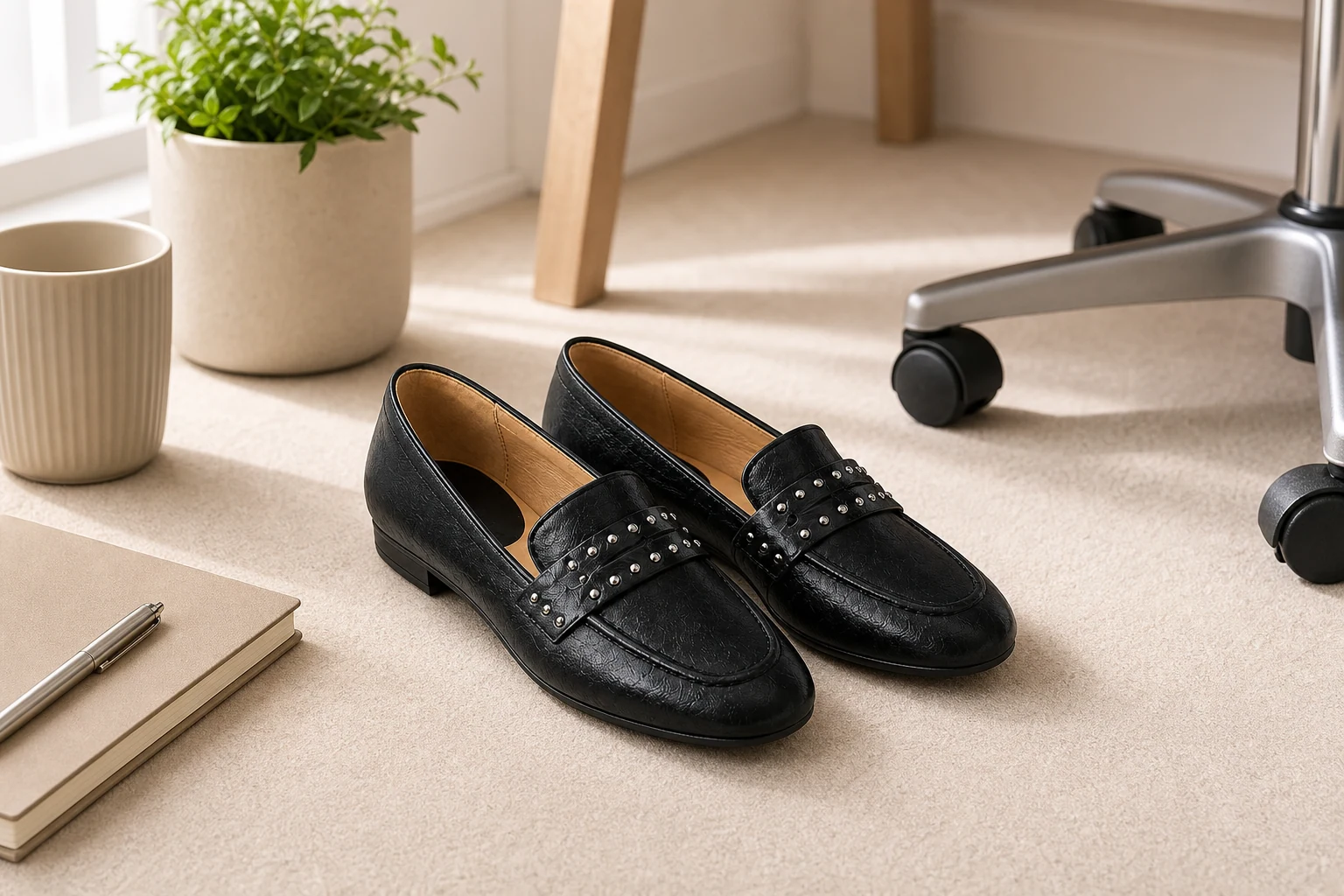 Mocassins en maille raffinée présentés dans une scène de style de vie