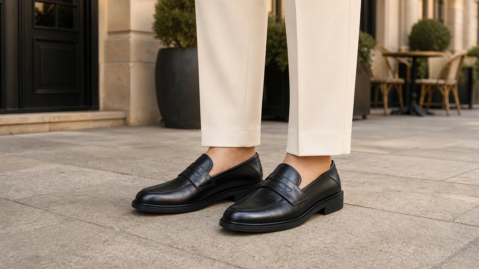 Refined low heel lightweight office loafers shown in a polished lifestyle setting