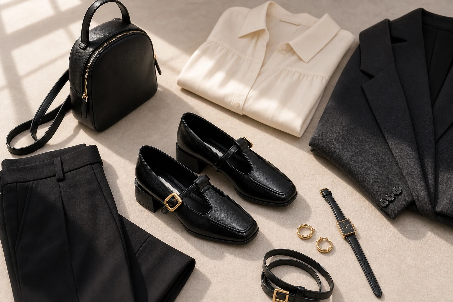 Buckle strap block heel shoes in a lifestyle scene