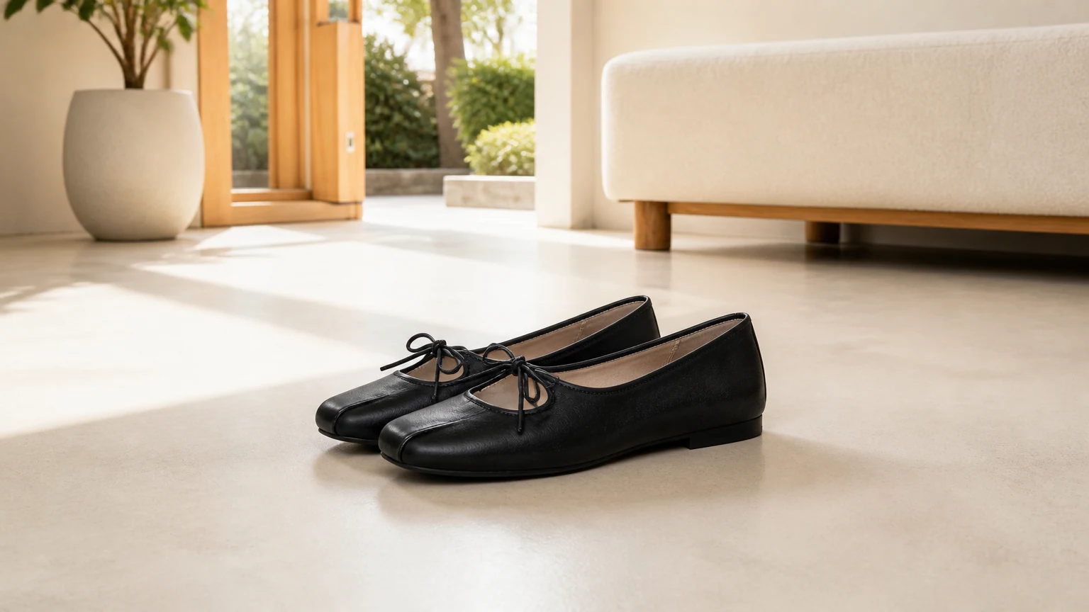 Soft upper classic cushioned walking flats styled in a lifestyle scene
