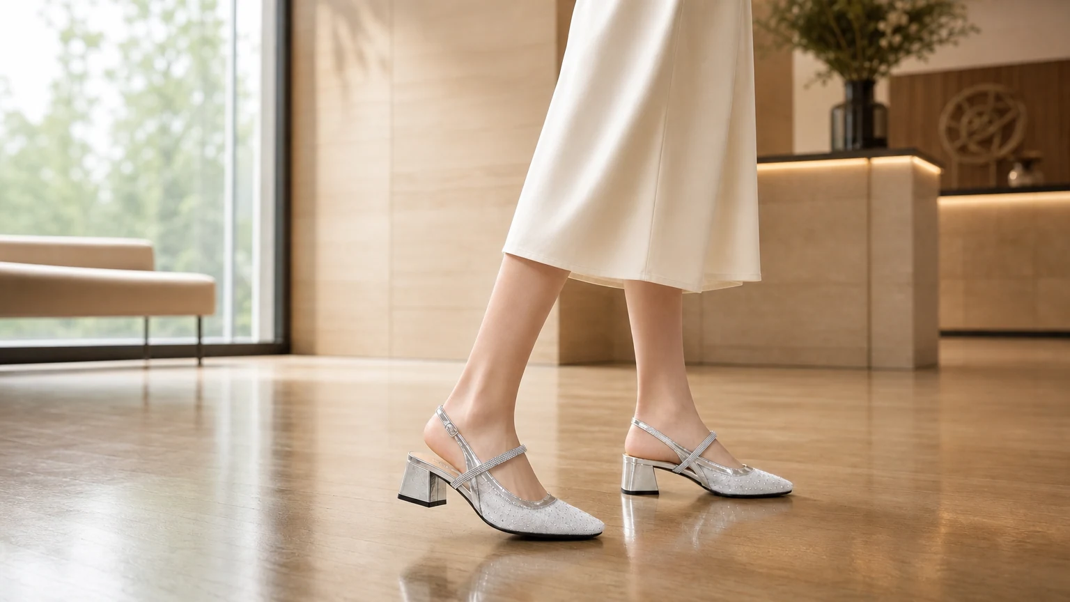 Zapatos de tacón en bloque con tiras de cristal diseñados en una escena elegante