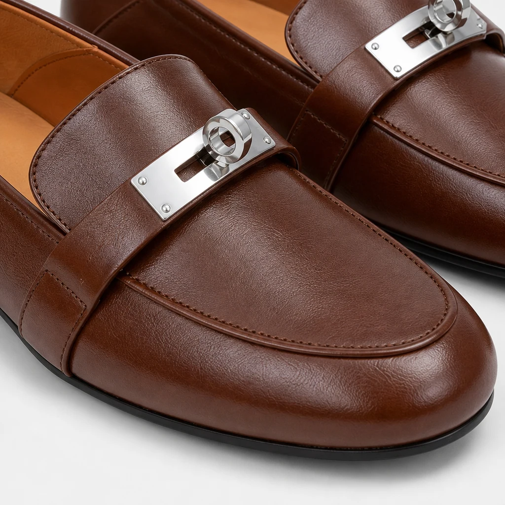 Close-up of polished loafer upper, stitching, and buckle detail