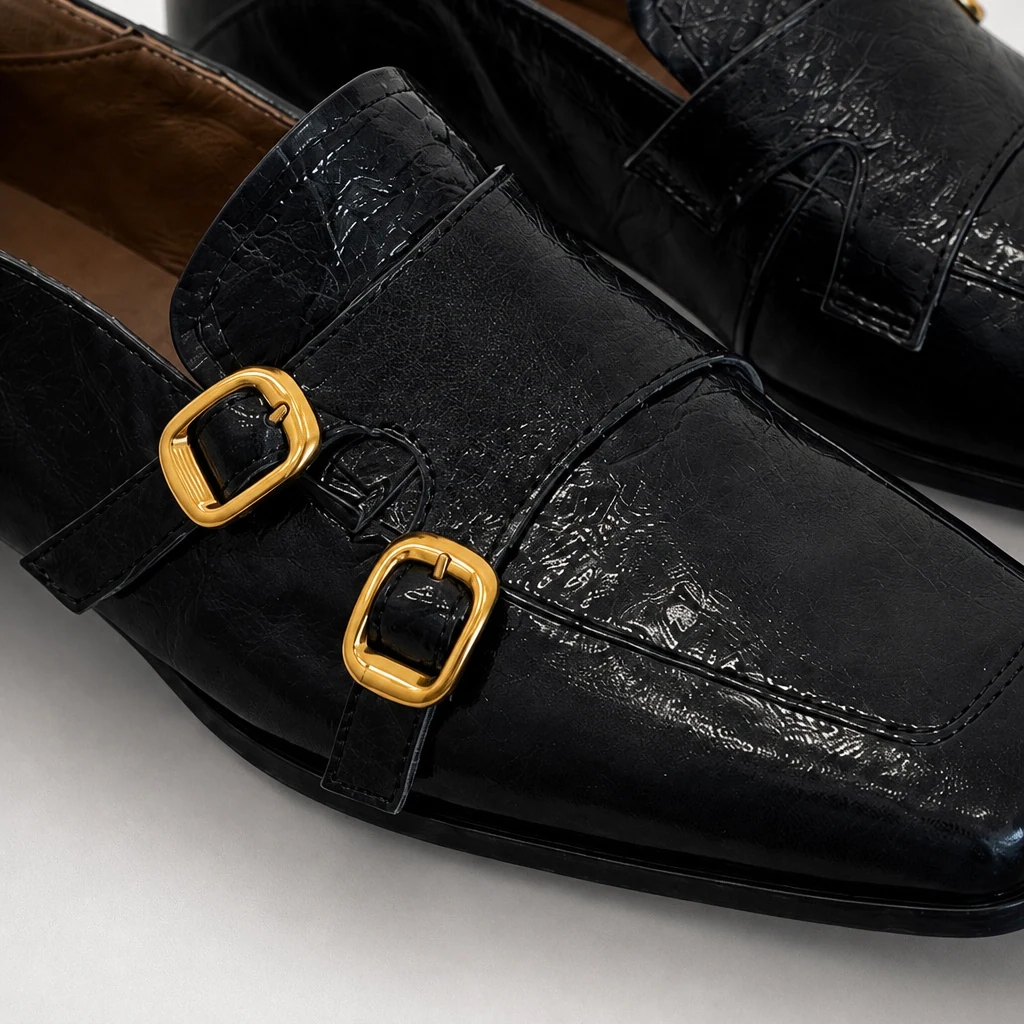 Gros plan sur la tige du mocassin noir, les sangles, la boucle et la finition polie