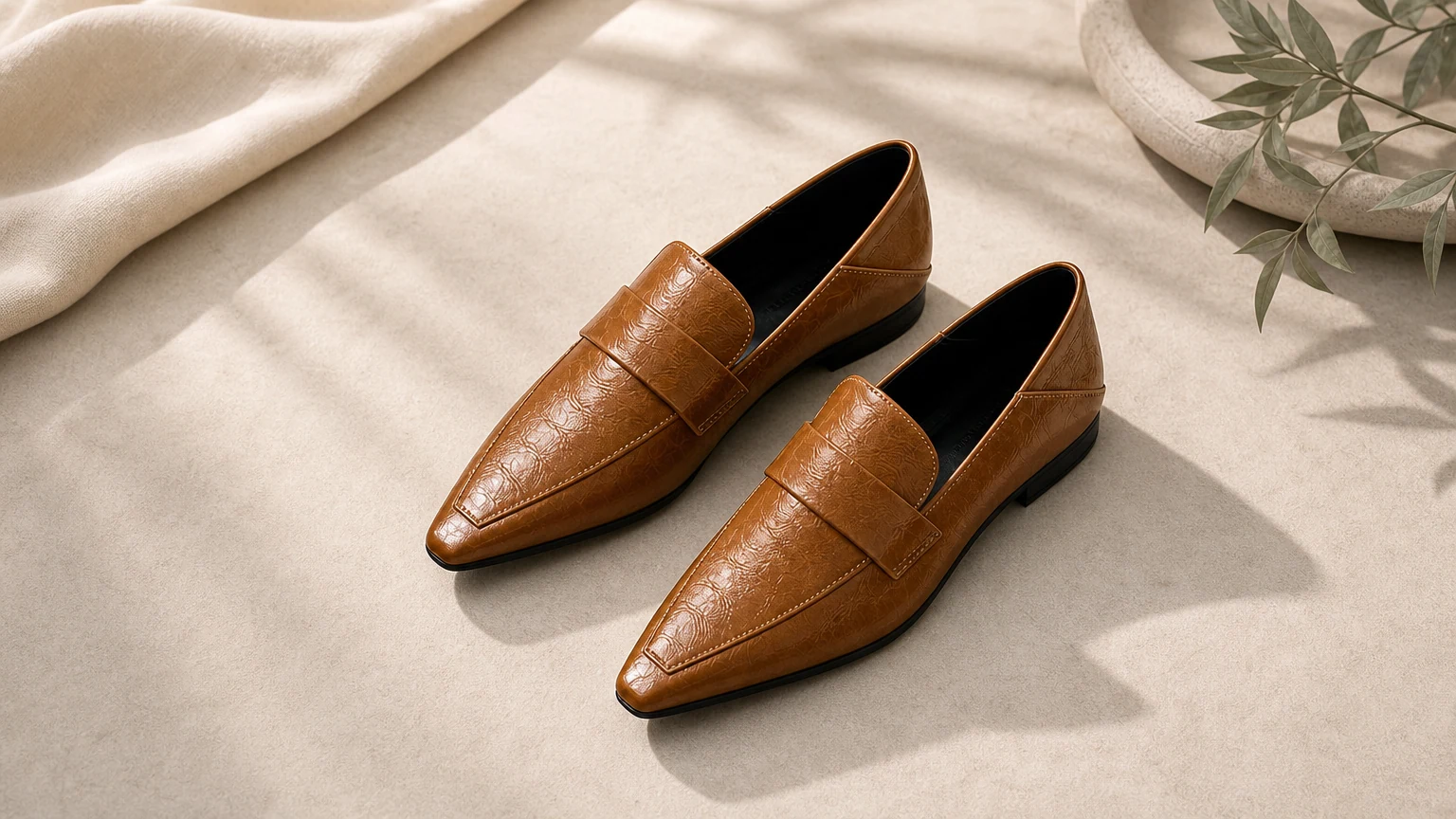 Polished slip-on low heel dress flats styled in a clean office-ready scene