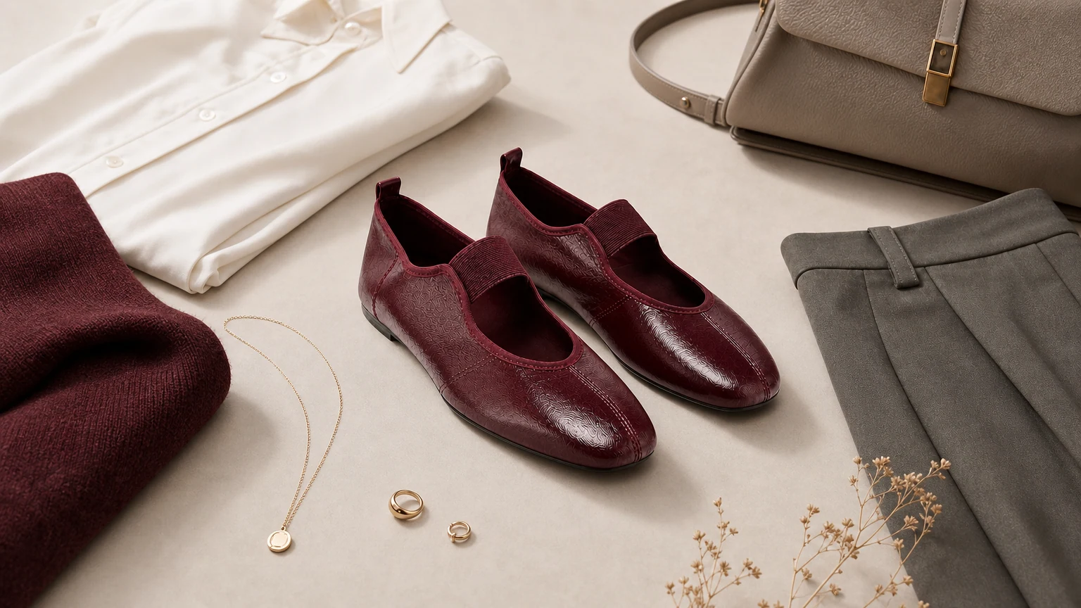 Scarpe basse da passeggio minimal con punta tonda, realizzate in una scena quotidiana orizzontale