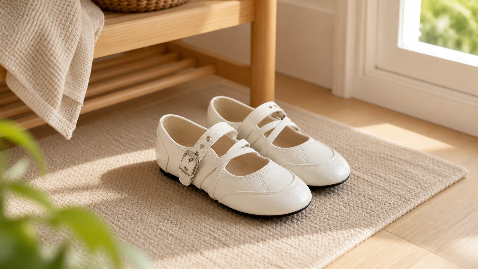 Chaussures plates Mary Jane doublées de cuir souple, inspirées d'une scène de style de vie printanière