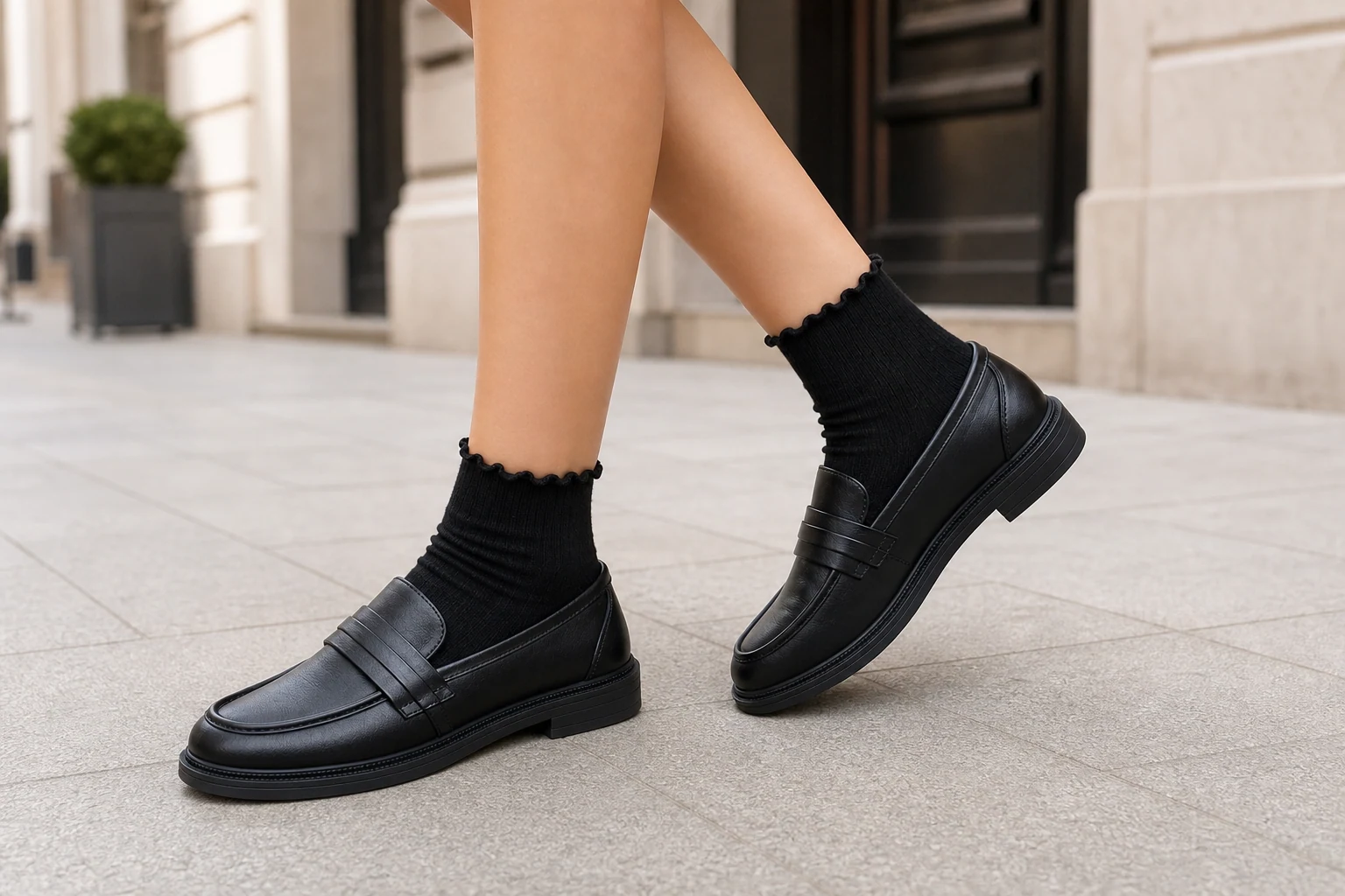 Schwarze Slipper im Mittelpunkt einer Lifestyle-Produktszene