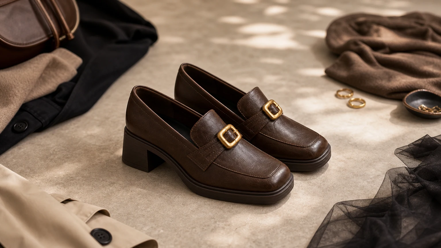 Square toe supportive block heel loafers styled in a refined office-ready scene
