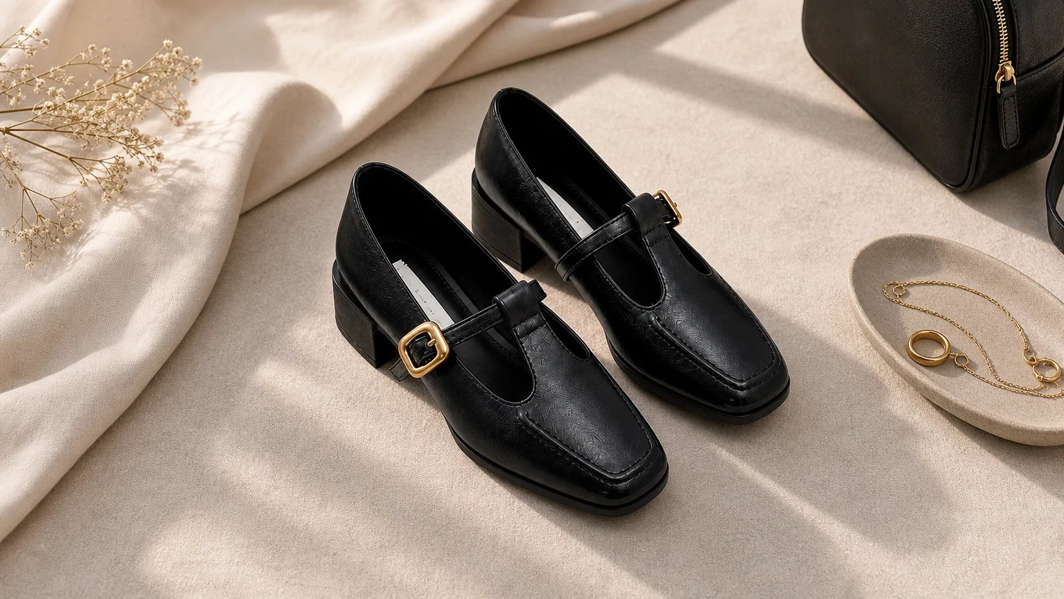 Polished buckle strap block heel shoes styled in a horizontal scene